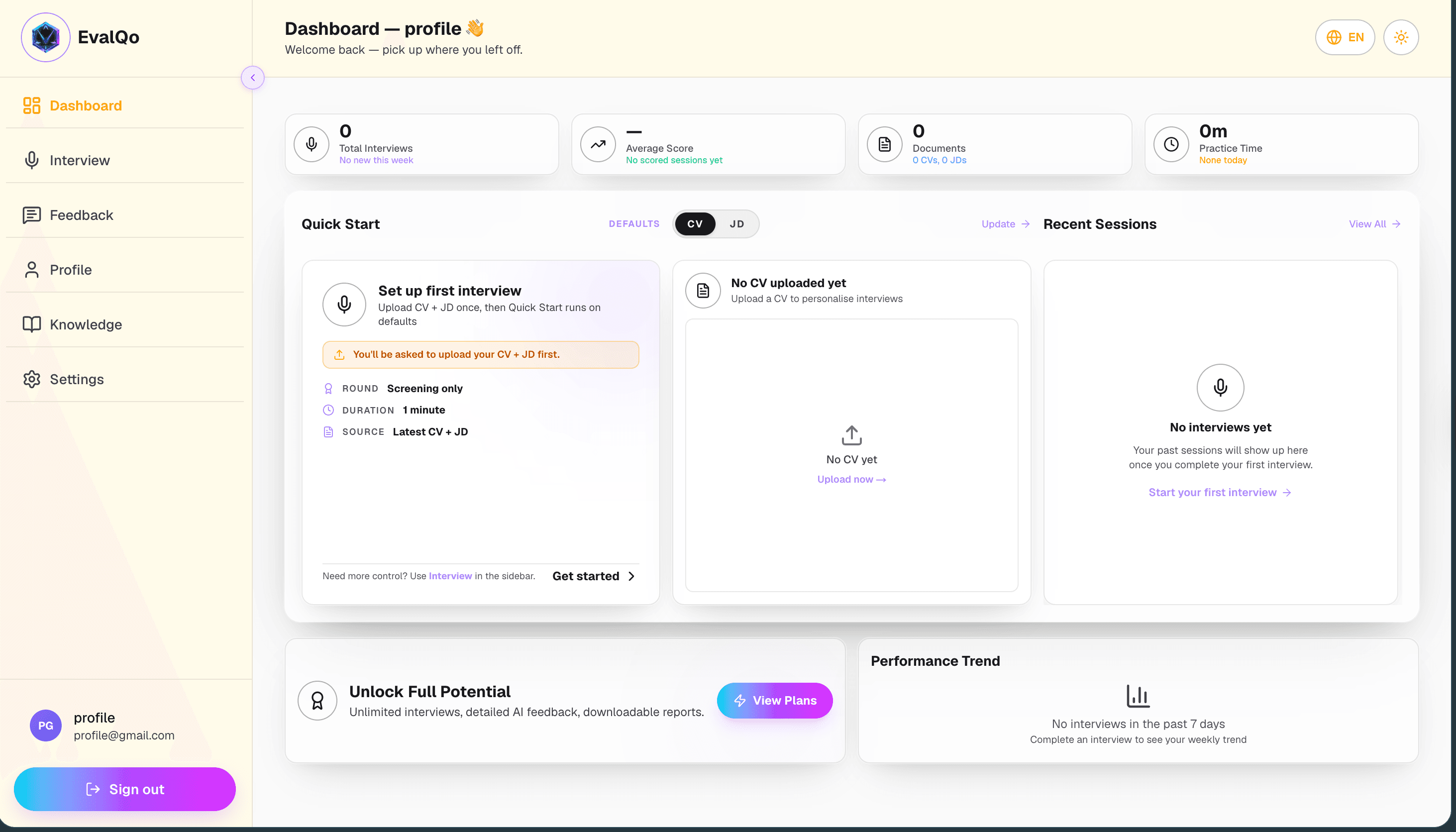 EvalQo dashboard preview — light mode